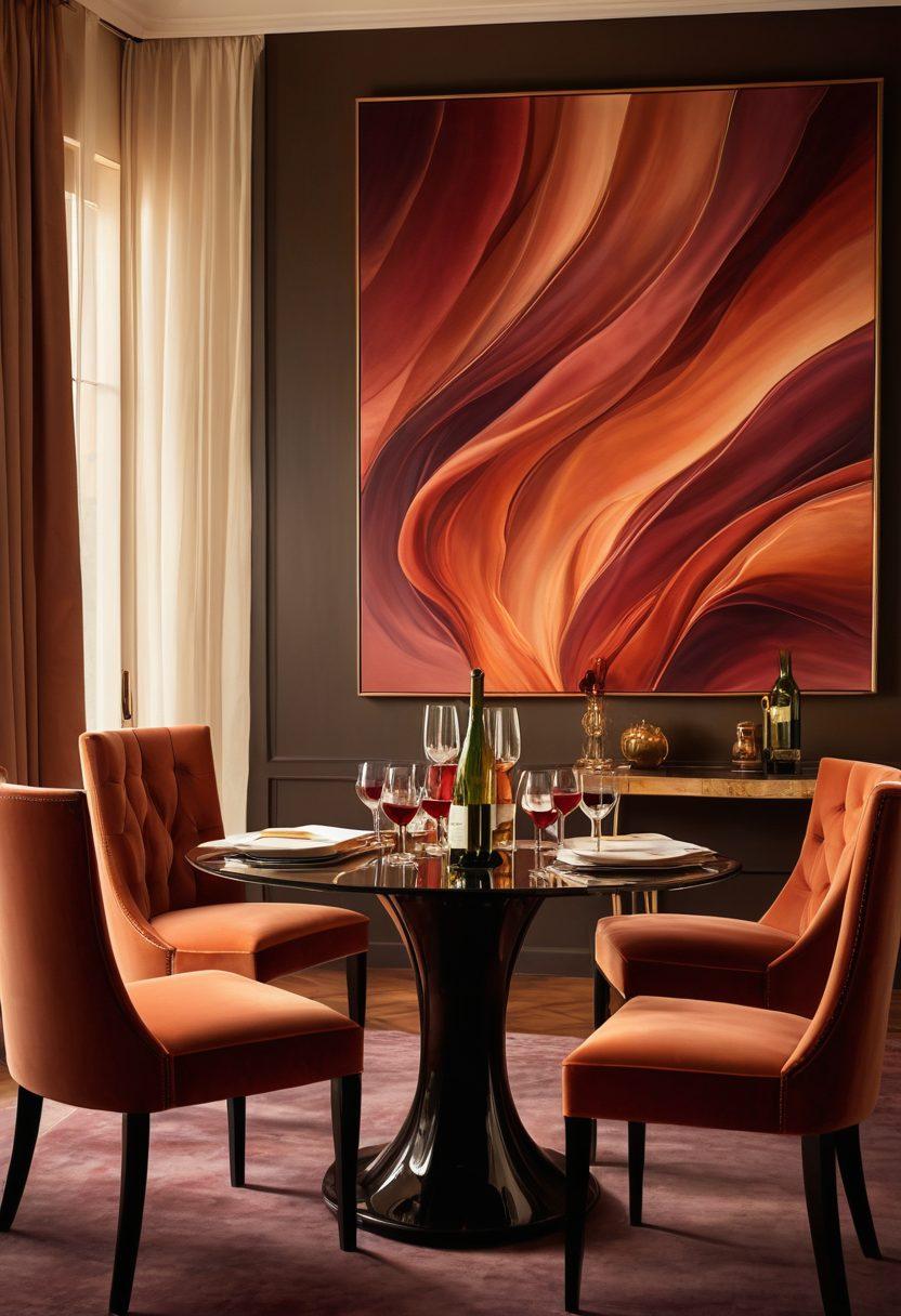 An elegant, dimly-lit room with soft, ambient lighting showcasing a tastefully arranged scene of intimacy. Silk fabrics draped artfully, hinting at sensuality and allure, complemented by intriguing artworks depicting love and connection. A delicate glass of wine sits on a polished table, inviting warmth and intimacy. Subtle shadows and soft, rich colors create an atmosphere of mystery and allure, emphasizing the art of seduction. super-realistic. warm tones. intimate ambiance.