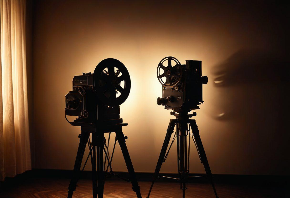 A seductive interplay of light and shadow in an elegant room, featuring a vintage film projector casting alluring silhouettes of couples in intimate poses on a wall. Enchanting decor, soft fabrics, and warm tones evoke a sense of mystery and allure, with subtle hints of iconic adult film memorabilia in the background. The atmosphere exudes passion and intrigue, inviting viewers to explore the complexities of sexuality. super-realistic. warm colors. vintage aesthetic.