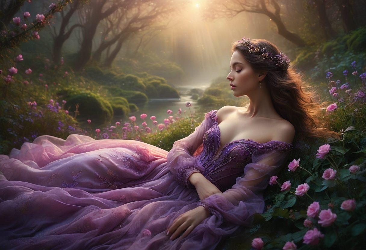 A mystical landscape blending fantasy and reality, featuring a seductive, ethereal figure surrounded by swirling mist and delicate flowers. The scene incorporates an intimate setting with soft lighting and dreamlike textures, capturing the essence of desire and connection. Include elements that symbolize intimacy, such as intertwined hands or glowing hearts. The color palette should be rich and enchanting, invoking feelings of passion and wonder. super-realistic. vibrant colors. mystical atmosphere.
